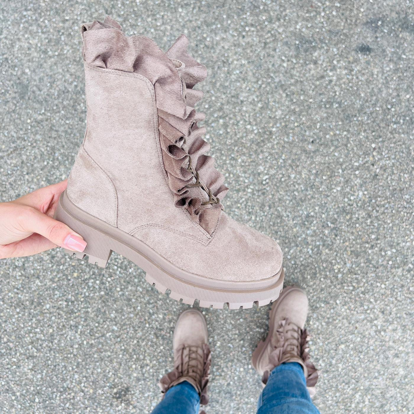 Ruffle Taupe Boots